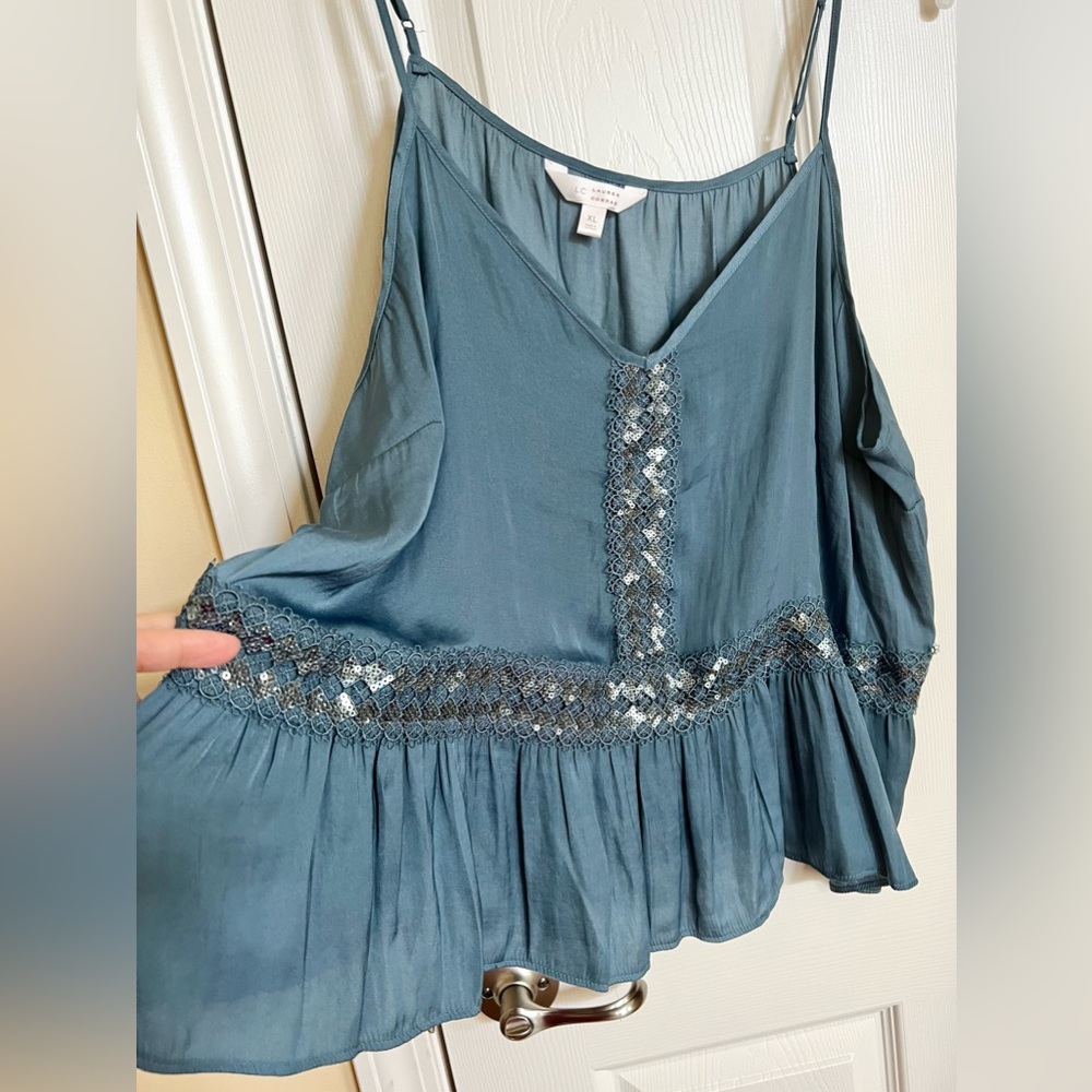 Lauren Conrad, Slate Blue-V-neck adjustable spaghetti straps, sequins camisole.